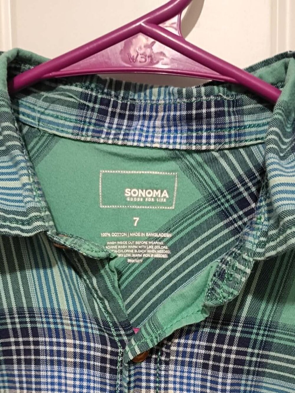 Sonoma Green/blue/white button up flannel, boys size 7 - Picture 2 of 3